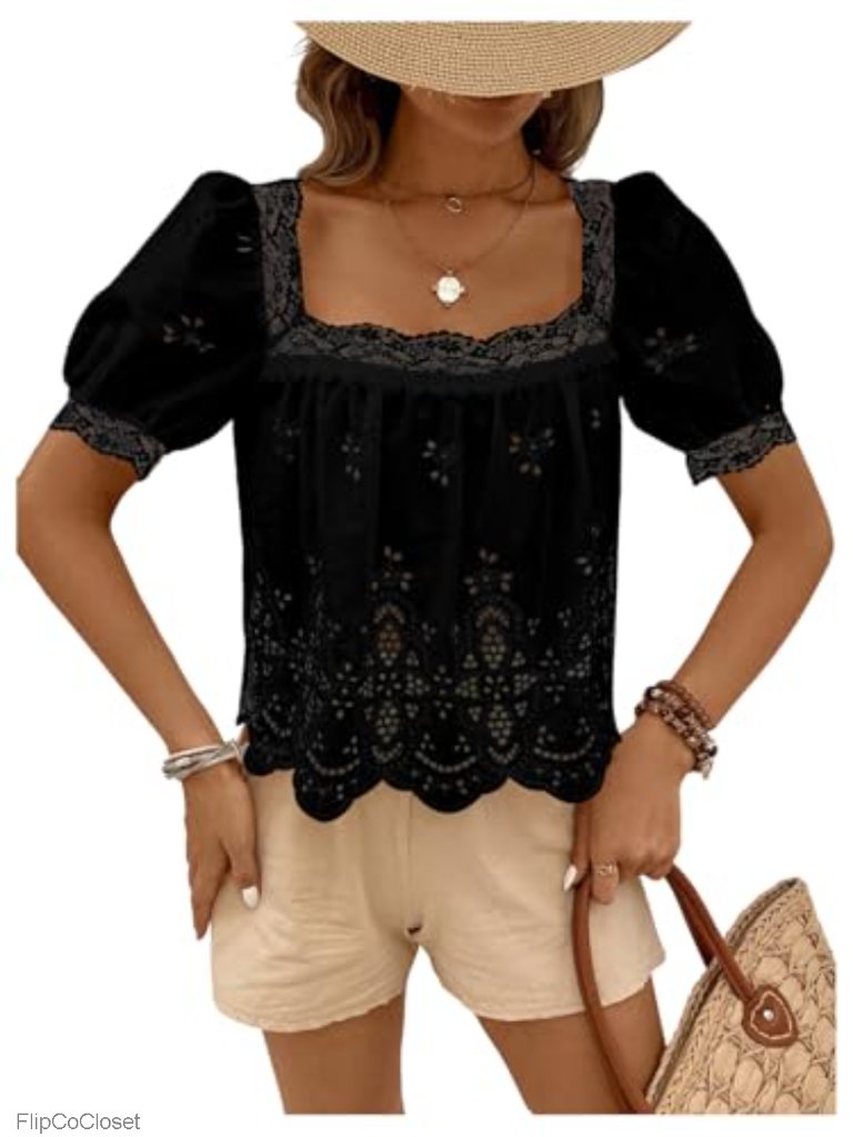 Boho Eyelet Lace Square Neck Puff Sleeve Blouse Summer Tunic Top